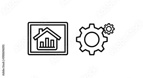 Business management and residential property icons showing house graph and mechanical gears for real estate development and operations strategy with business