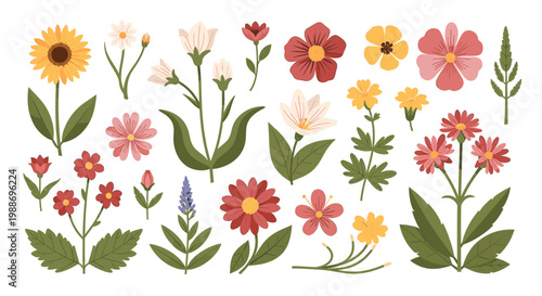 A delicate illustration of red flowers and vibrant green leaves evokes a sense of freshness and natural beauty, suitable for spring-themed designs and