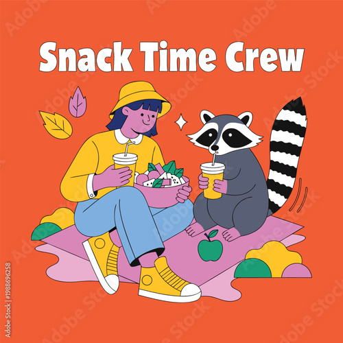 Snack Time Crew Playful Typography with Human and Raccoon Sharing Treats Illustration