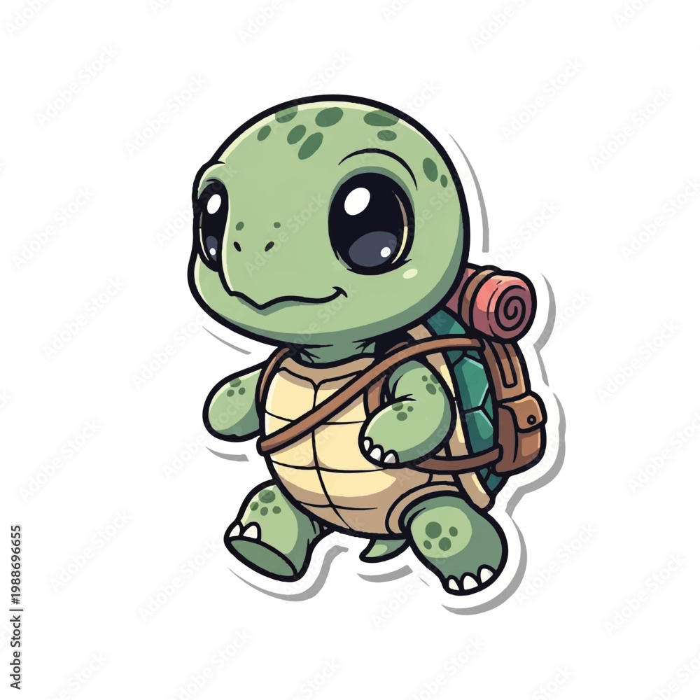 Obraz premium Cute cartoon turtle with a backpack ready for adventure.