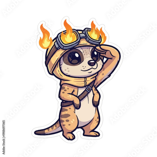 Cute cartoon meerkat wearing goggles and a helmet with flames on its head.