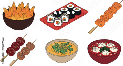 Vector collection of delicious Asian food illustrations featuring sushi rolls dumplings soup and grilled skewers for restaurant menus.