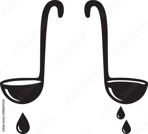 Two black silhouettes of ladles with dripping liquid on transparent background.