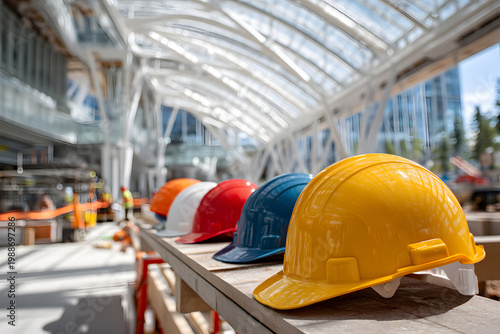 Colorful hard hats stacked inside a modern building under construction with clear glass architecture