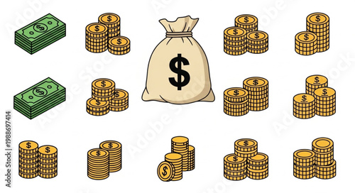 A collection of money coins and a bag of cash for financial concepts.