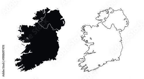 Two depictions of ireland s outline one solid black the other a white outline on transparent