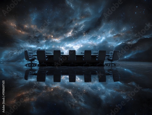 Boardroom with Celestial View: A sleek, modern boardroom table and chairs are dramatically set against a surreal backdrop of swirling, celestial clouds and a reflective surface.