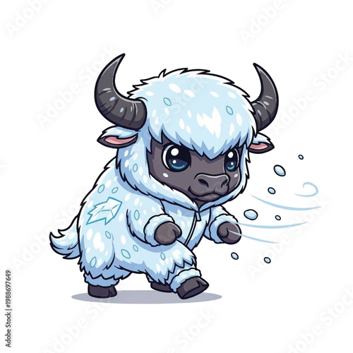 Cute cartoon yak in snowy outfit.
