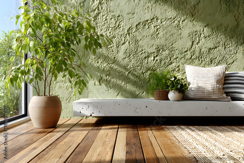 Vibrant green wall with wooden floor and simple seating area for relaxation in a cozy space