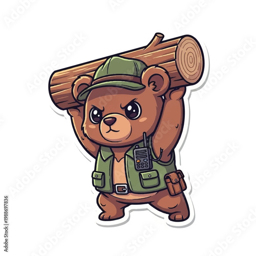 Cartoon bear in green uniform.