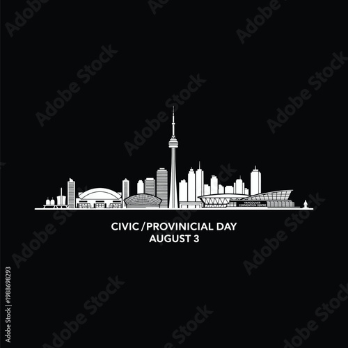 A white line drawing of the Toronto skyline on a black background with Civic Provincial Day text