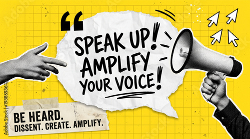 Trendy halftone collage with megaphone and hand pointing at speech bubble. "Speak Up! Amplify Your Voice!" text on yellow grid. Contemporary vector illustration for social media activism art