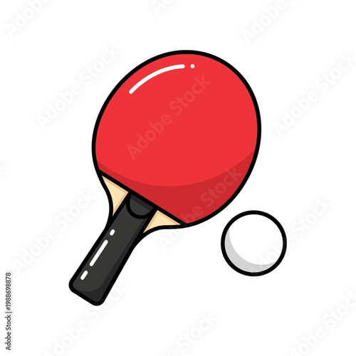 Red ping pong paddle and ball on white background cartoon style