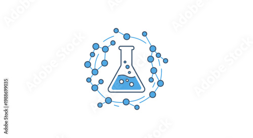 A blue beaker with molecular structure.