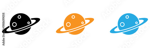 Three stylized planets with distinct ring designs in a minimalist icon set isolated on transparent background, Vector