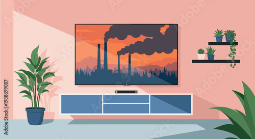 Modern living room interior featuring large flat screen television displaying factory air pollution smoke vector illustration design.