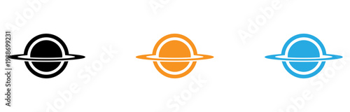 Three stylized planets with ring designs in different colors isolated on transparent background, Vector