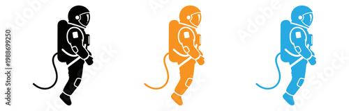 Three stylized astronauts in different colored suits floating in space isolated on transparent background, Vector