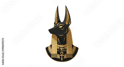Ancient Egyptian Anubis god bust sculpture with intricate details and golden accents.