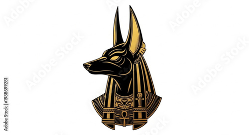 Ancient Egyptian Anubis God Head Sculpture with Golden Accents.