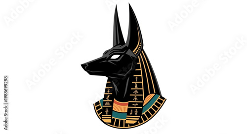 Ancient Egyptian Anubis god head statue with white eyes.