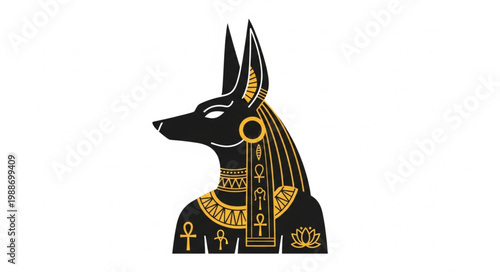 Ancient Egyptian god Anubis depicted in profile with golden hieroglyphs.