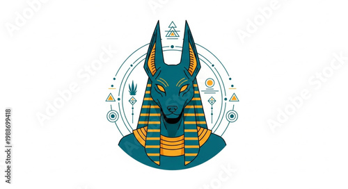 Ancient Egyptian god Anubis depicted with jackal head and mystical symbols.