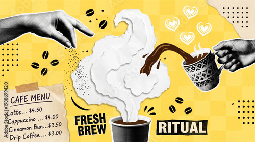 Trendy halftone collage for a coffee shop featuring a fresh brew ritual with hands pouring coffee and a paper steam effect. Retro aesthetic with a cafe menu on yellow checkered background works