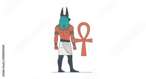 Ancient Egyptian god Anubis holding an ankh symbol.