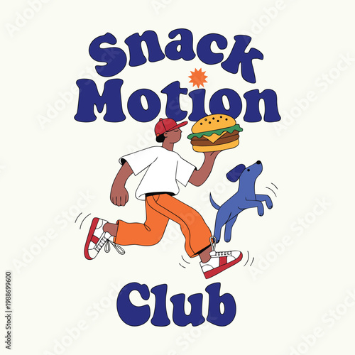 Snack Motion Club Playful Typography with Burger Walk and Dog Jump Illustration
