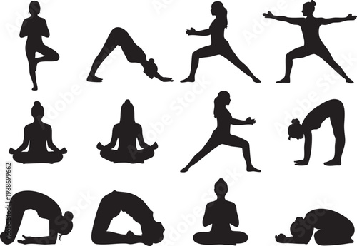 Collection of black silhouette yoga poses on for meditation and exercise