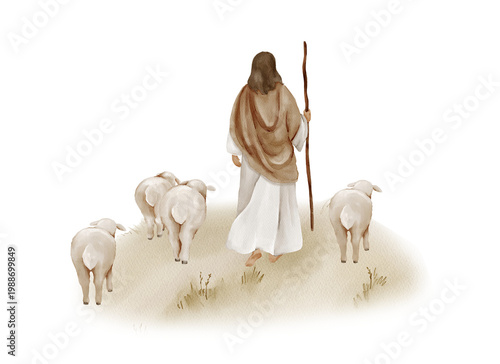 Foto Jesus Christ with sheep flock isolated clipart, watercolor illustration