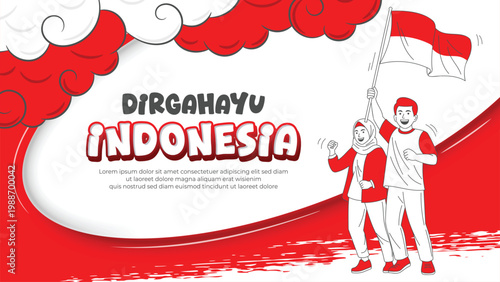 Cartoon Patriotic Indonesian citizens waving national flags. Indonesia Independence Day 2026 banner design