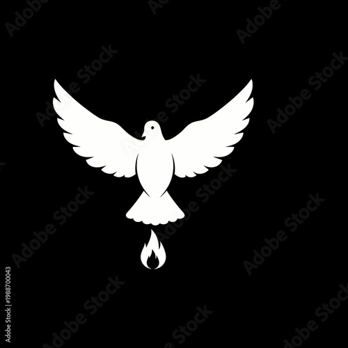 A white dove with outstretched wings and a flame below it on a black background