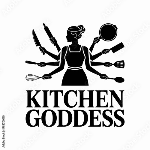 Silhouette of a woman with multiple arms, each holding a different kitchen utensil.