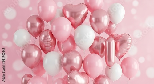 Assortment of shimmering rose gold and white balloons in various shapes and sizes