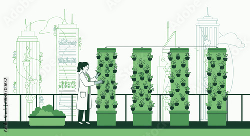 Urban vertical farm with scientist tending plants in futuristic city