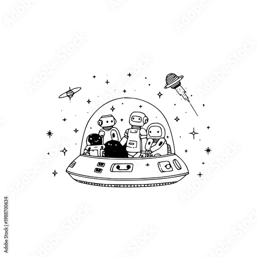 Astronauts with Dog in Spaceship Flying through Galaxy