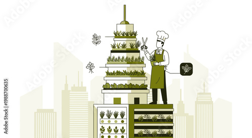 Urban vertical farm with chef harvesting fresh produce in a futuristic city