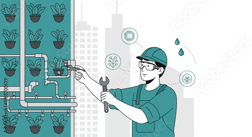 Urban vertical farm technician maintaining smart irrigation system in city agriculture