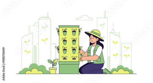 Urban vertical farming: woman tending plants in city with skyscrapers, sustainable agriculture concept