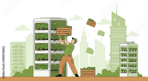 Urban vertical farm worker harvests fresh produce from hydroponic towers in city skyline