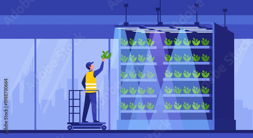 Vertical Farming: Worker harvests fresh lettuce in a modern indoor farm with LED lights
