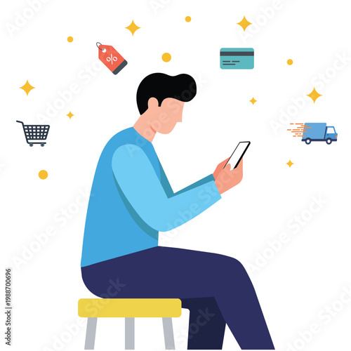 Man Shopping Online with Smartphone E-commerce Flat Vector Illustration