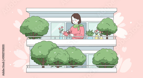 Woman arranging flowers on a balcony with blooming trees and cherry blossoms