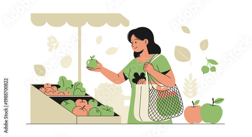 Woman buying fresh organic apples at a farmer's market with reusable shopping bag