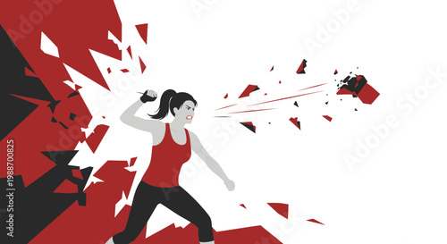 Woman breaking through wall with red and black abstract shards, symbolizing strength and determination