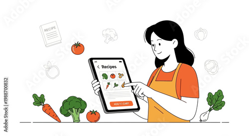 Woman browsing healthy recipes on tablet surrounded by fresh vegetables, cooking app concept