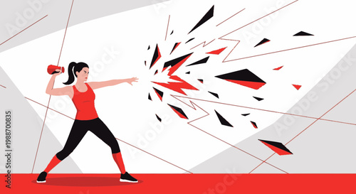 Woman Breaking Through Wall with Red Object