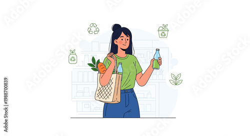 Woman choosing eco-friendly products, reusable bag, sustainable lifestyle, zero waste concept
